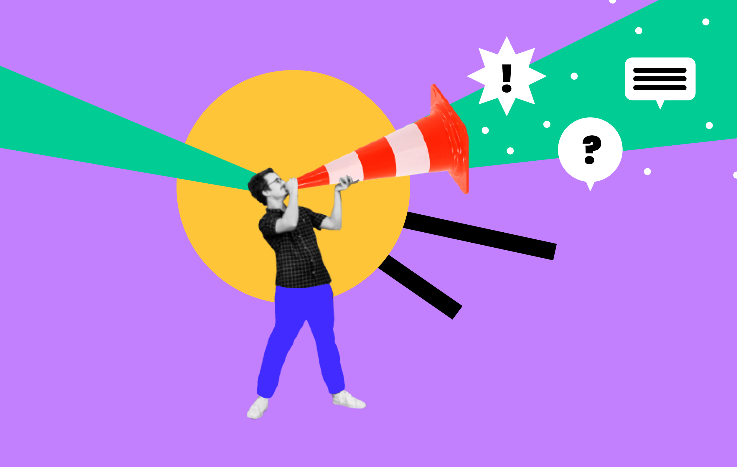 Man met een toeter en gesprekswolkjes om contact te visualseren.