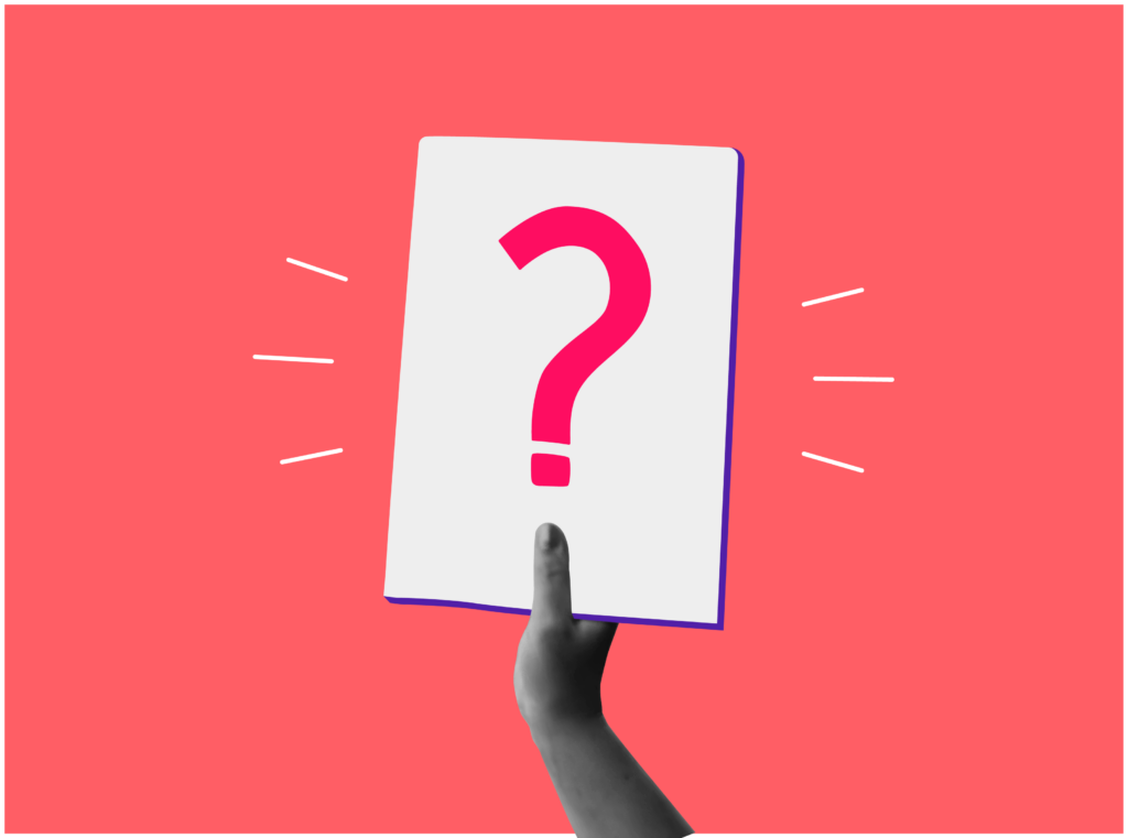 je ziet een hand met een kaart in de hand met een groot vraagteken. De visualisatie voor de sessie Wat zou jij doen?